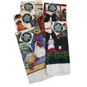 Lot of 5 Colorful Kitchen Towels NOS 100% Cotton Chickens, Cats and Coffee